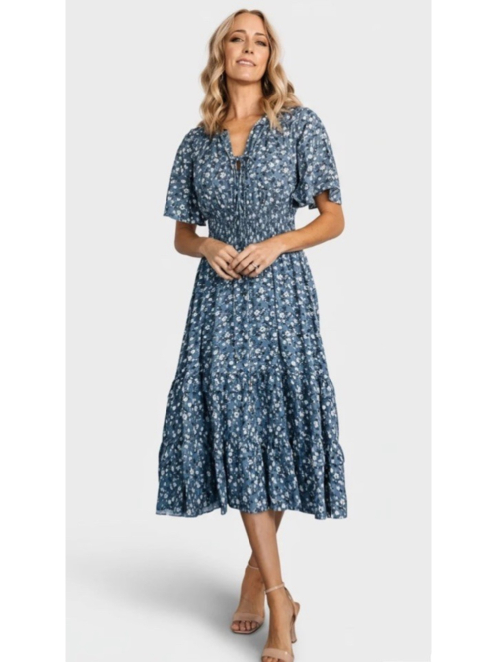 Baltic Born Spell Boho Midi Dress M Blue Ditzy Floral Cottage Party Resort